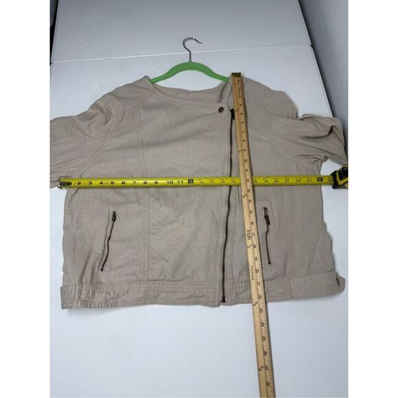 GAP Solid Tan Fitted Linen Moto Shine Jacket Lightweight Sz L Full Zip *Notes - Picture 6 of 13